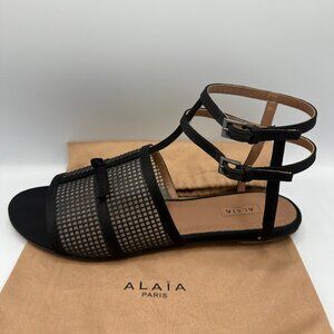 Alaia Gladiator Leather Sandal in Black Silk Satin and Fishnet Design size EU 39